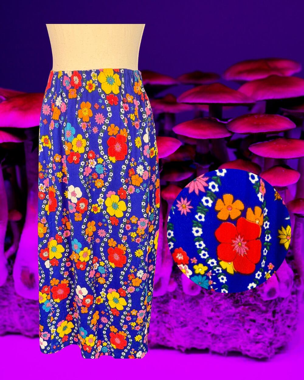 Vintage 70s Bespoke Ultraviolet Psychedelic Hippy Flower Maxi Skirt Size S